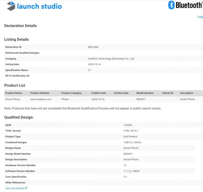 OnePlus 8T Bluetooth SIG certification
