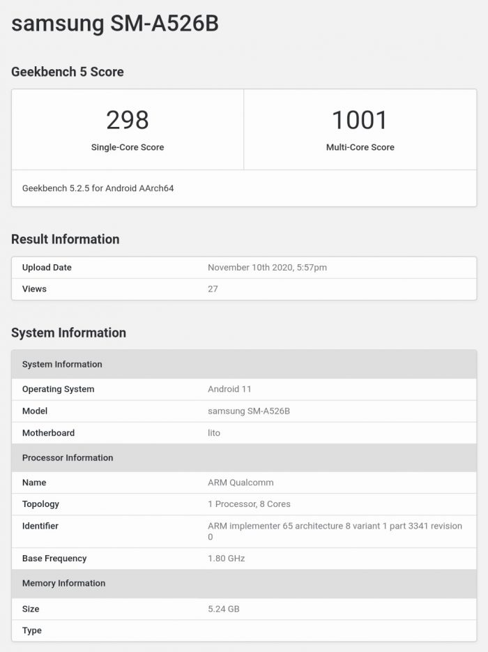 Galaxy A52 5G Geekbench