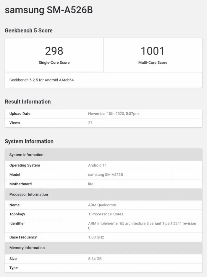 Galaxy A52 5G runs Geekbench