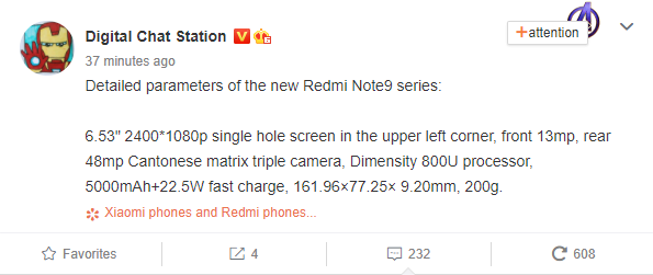 Redmi Note 9 series specifications