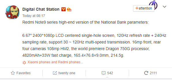 Redmi Note 9 series specifications