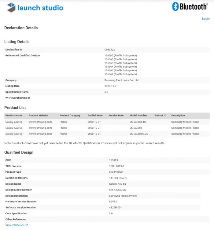 Galaxy A32 5G Bluetooth SIG certification