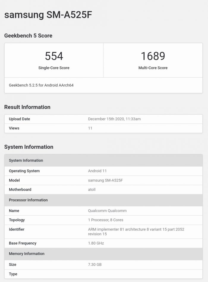 Galaxy A52 4G Geekbench