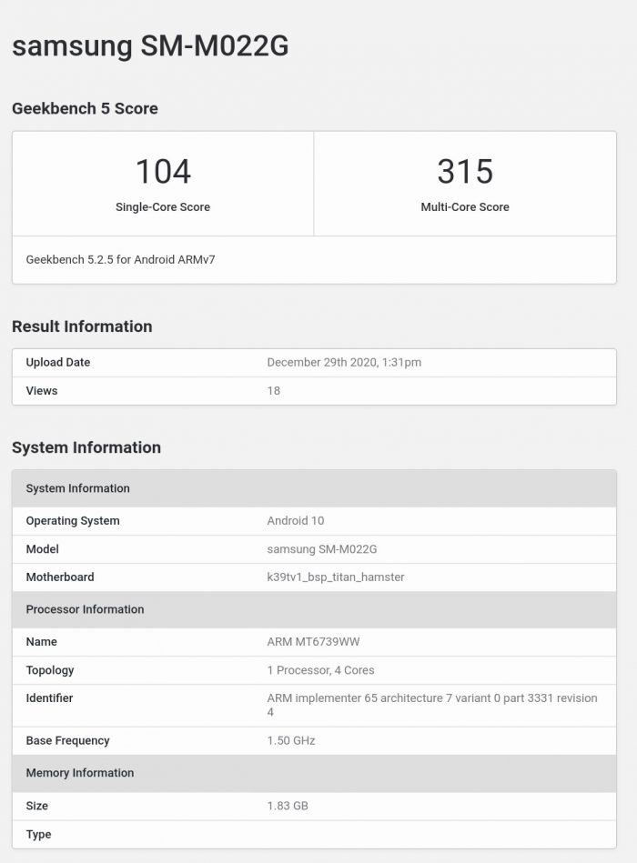 Galaxy M02 Core Geekbench