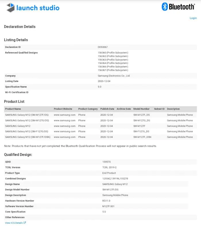Galaxy M12 Bluetooth SIG Certification