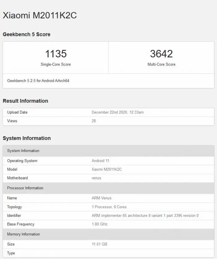 Xiaomi M2011K2C Geekbench