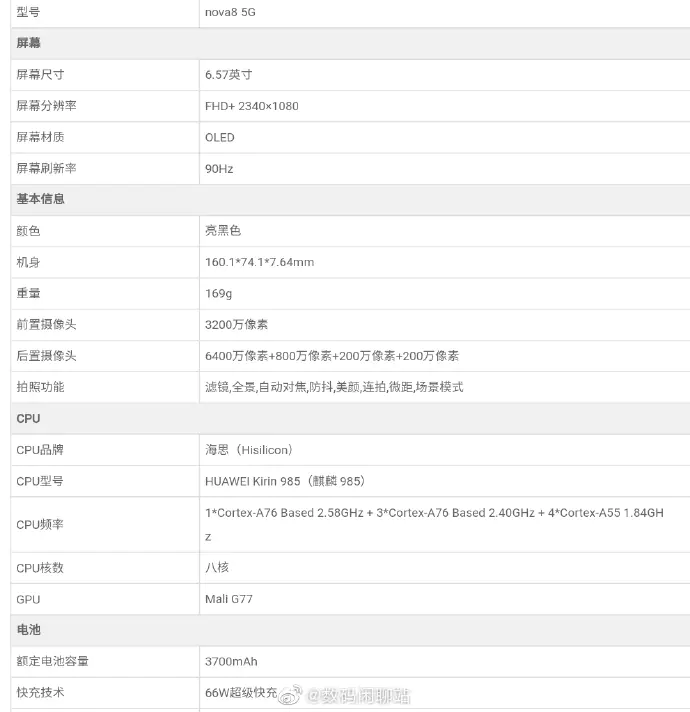 Huawei Nova 8 5G specs