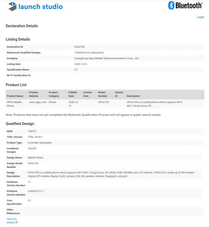 Reno5 4G Bluetooth SIG certification