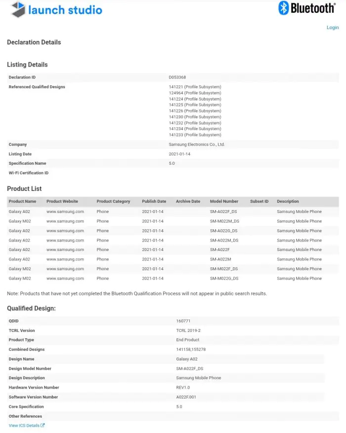 Galaxy A02 Bluetooth SIG certification