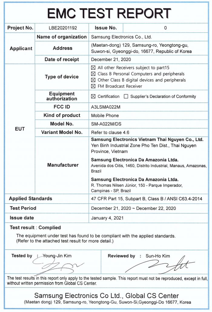 Galaxy A02 FCC Certification