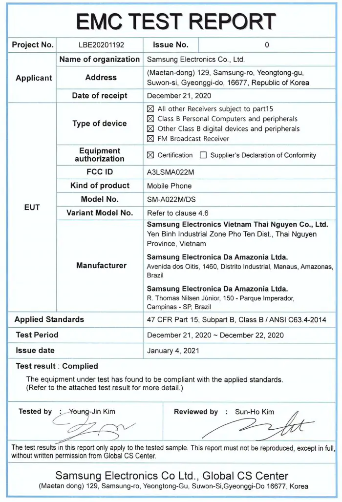 Galaxy A02 FCC certification