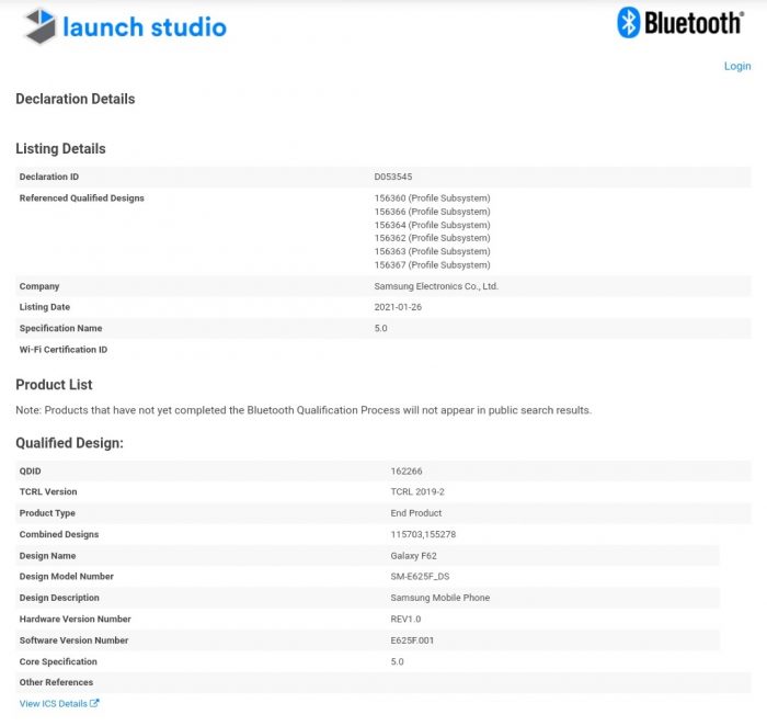 Galaxy M62 & F62 Bluetooth Certification