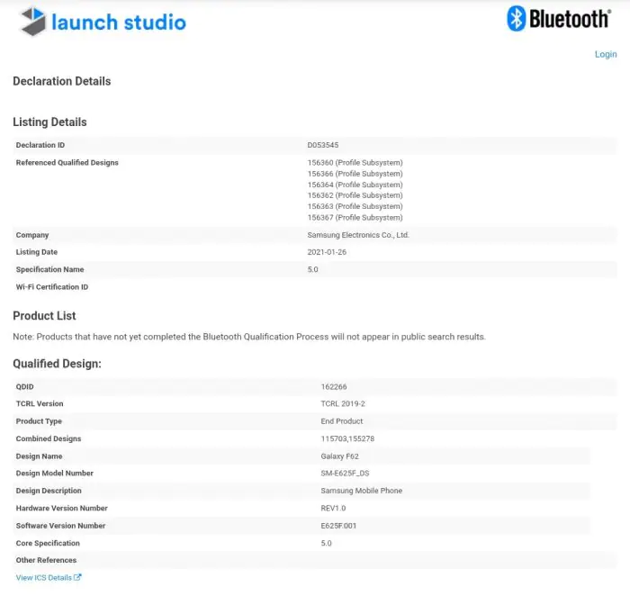 Galaxy M62 Bluetooth SIG certification