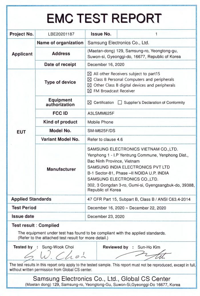 Galaxy M62 FCC Certification