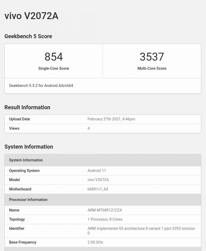 vivo V2047A Geekbench