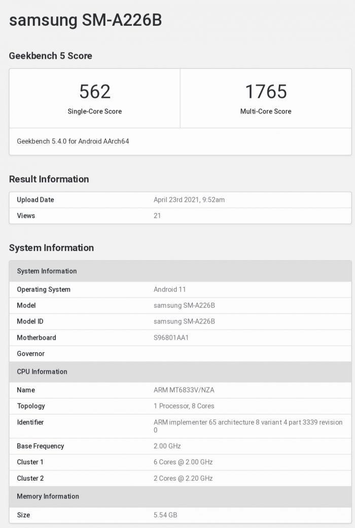 Galaxy A22 5G Geekbench