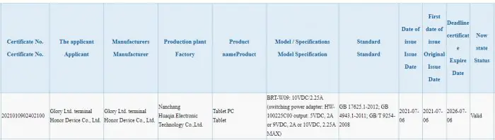 Honor Tablet V7 3C certification